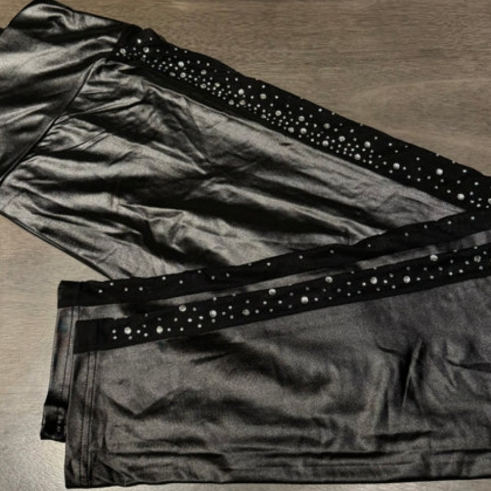 Black Leather Side Diamond Rhinestone pants